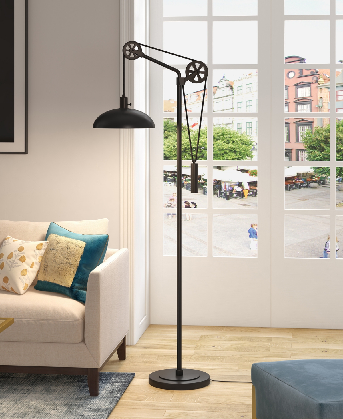 Hudson & Canal Neo Metal Shade Spoke Wheel Pulley System Floor Lamp