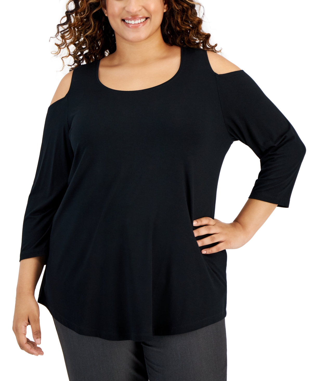 Jm Collection Plus Size 3/4-sleeve Cold-shoulder Top, Created For Macy's In Deep Black