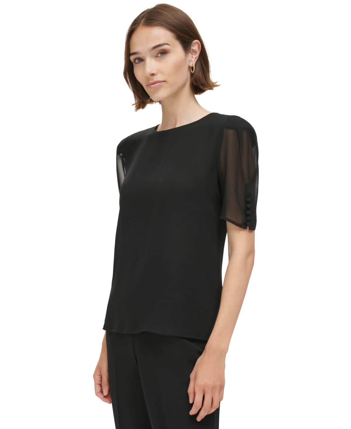 Calvin Klein Womens Sheer Elbow Sleeve Blouse In Black