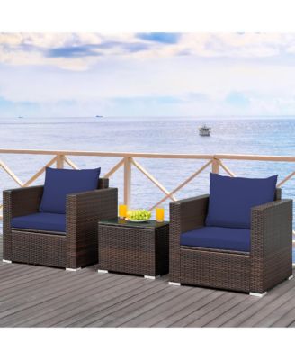 3PCS Patio Rattan Furniture Set Conversation Sofa Cushioned