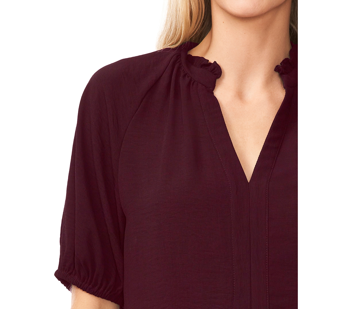 Cece Women's Short Sleeve Ruffle Neck Raglan Split Neck Blouse In Rich Cabernet