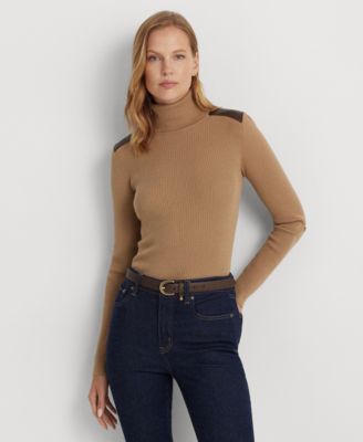 Women's Faux Leather–Trim Ribbed Turtleneck