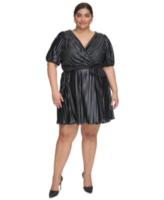 DKNY - Plus Size Faux-Leather Pleated Faux-Wrap Dress
