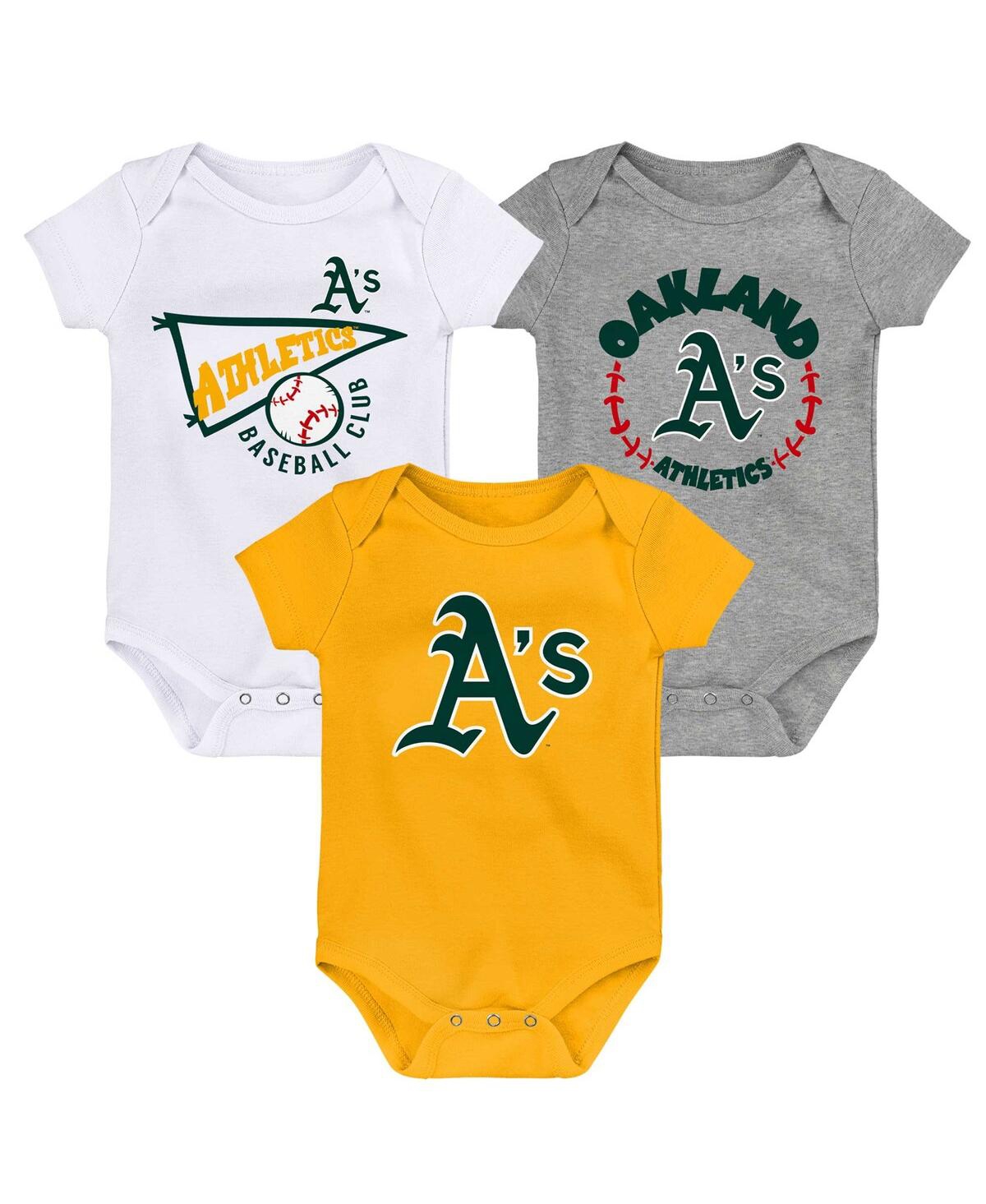 Outerstuff Infant Boys And Girls Gold, White, Heather Gray Oakland Athletics Biggest Little Fan 3-pack Bodysuit In Gold,white,heather Gray