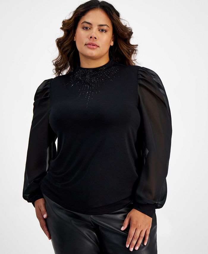 Bar III Plus Size Mock Neck Studded Puff-Sleeve Blouse, Created for ...