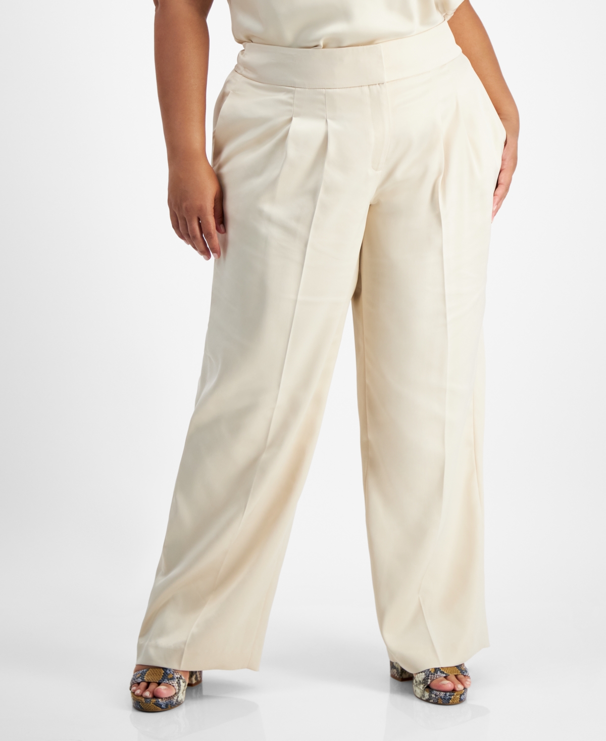 Bar Iii Plus Size High-rise Wide-leg Satin Pants, Created For Macy's In Light Tea
