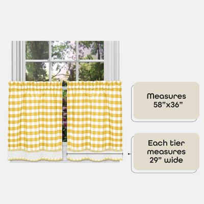 2 Piece Country Farmhouse Buffalo Plaid Rod Pocket Cafe Tier Curtain Panels With Macrame Border
