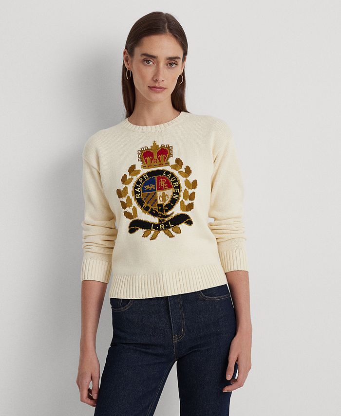 Lauren Ralph Lauren Women's intarsia-knit Crest Cotton-Blend Sweater, Regular and Petite - Mascarpone Cream - Size P/S
