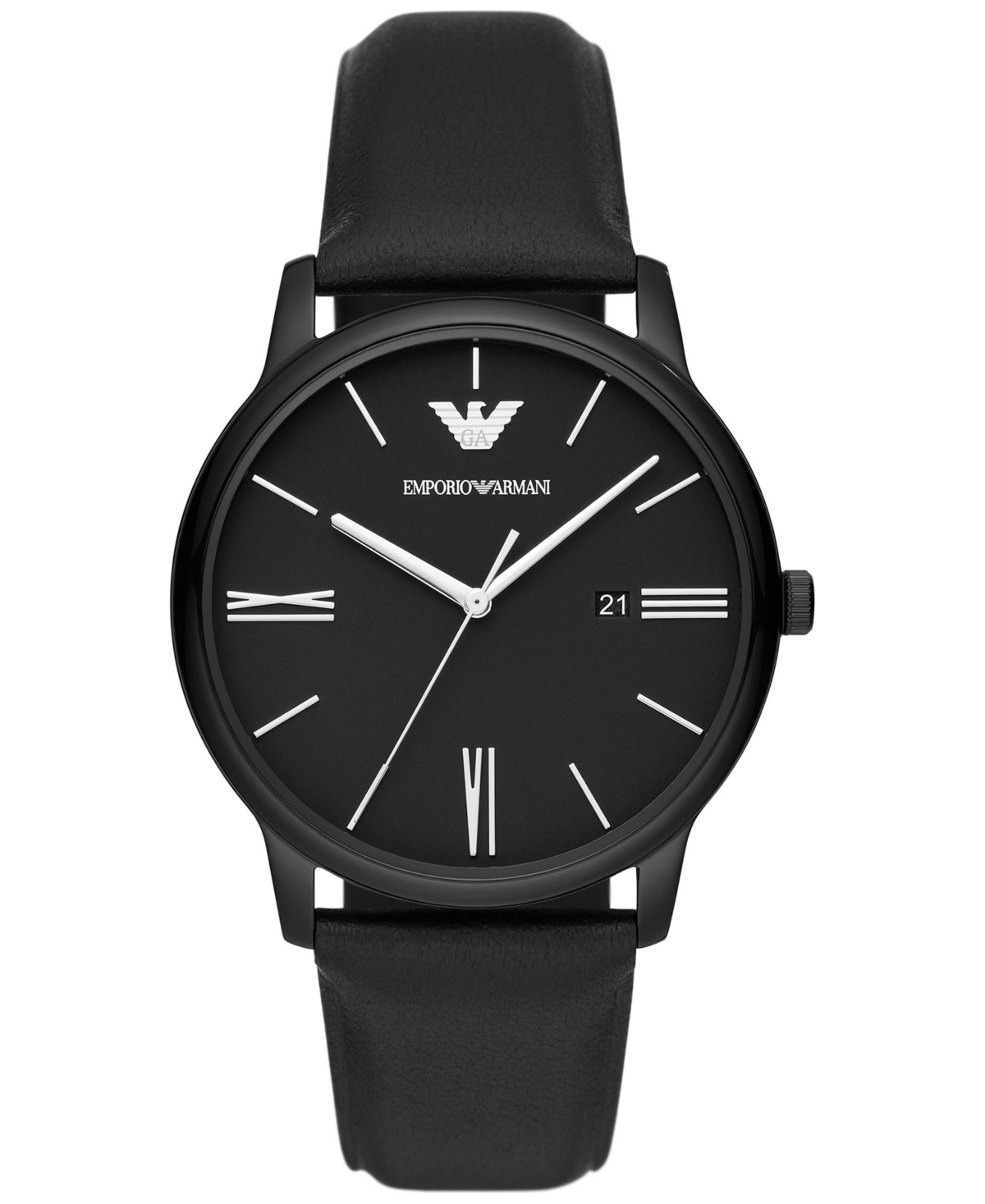 Men's Black Leather Strap Watch 42mm - Black