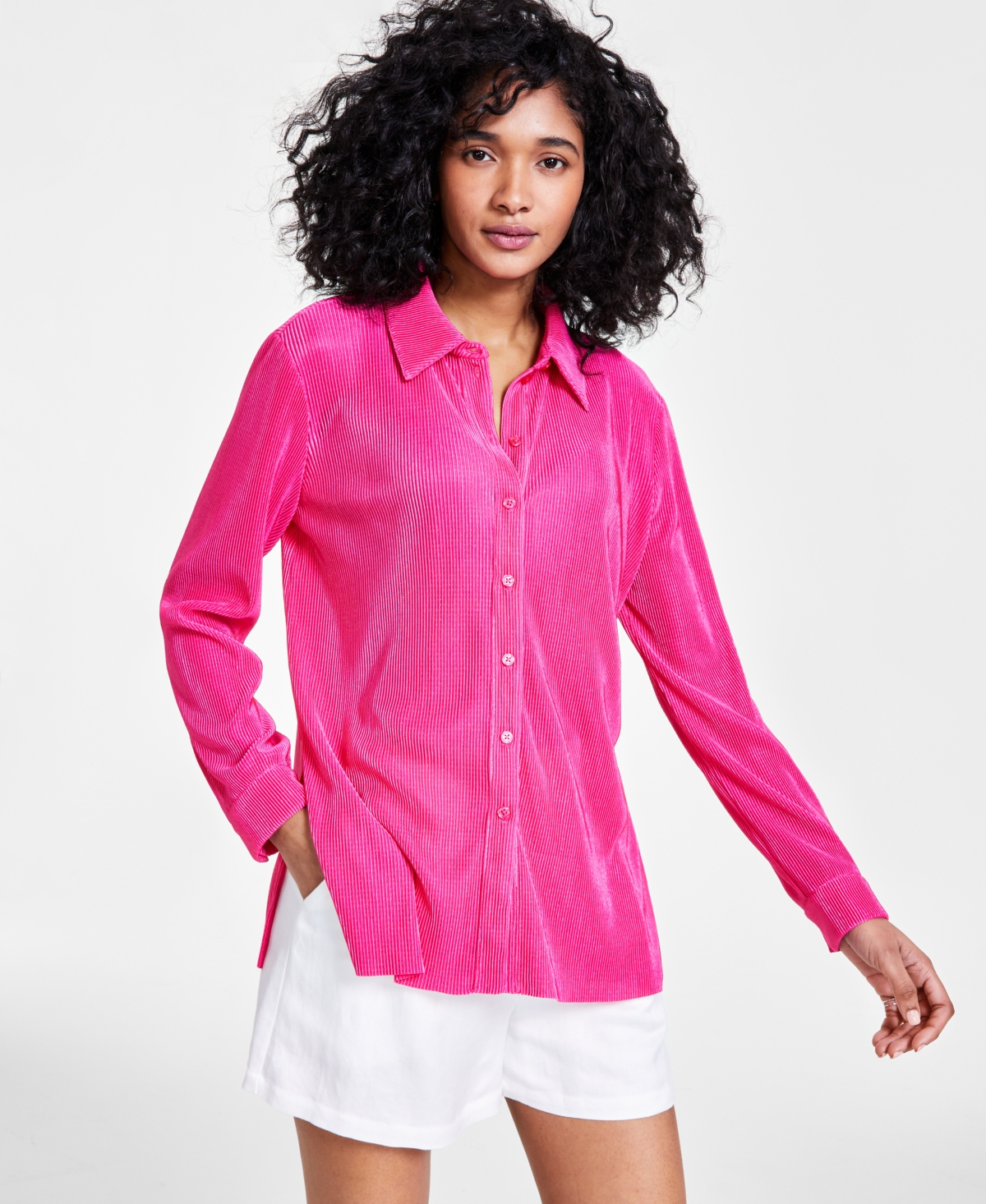 Petite Plisse-Knit Button-Up Shirt, Created for Macy's - Fuchsia