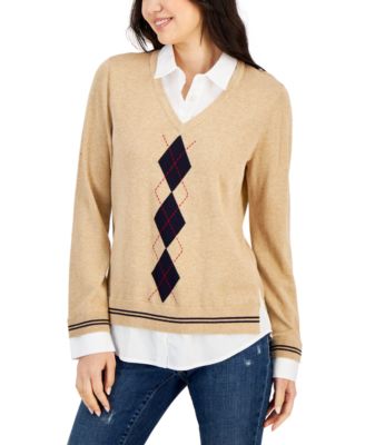 Tommy Hilfiger - Women's Cotton Argyle Layered-Look Sweater