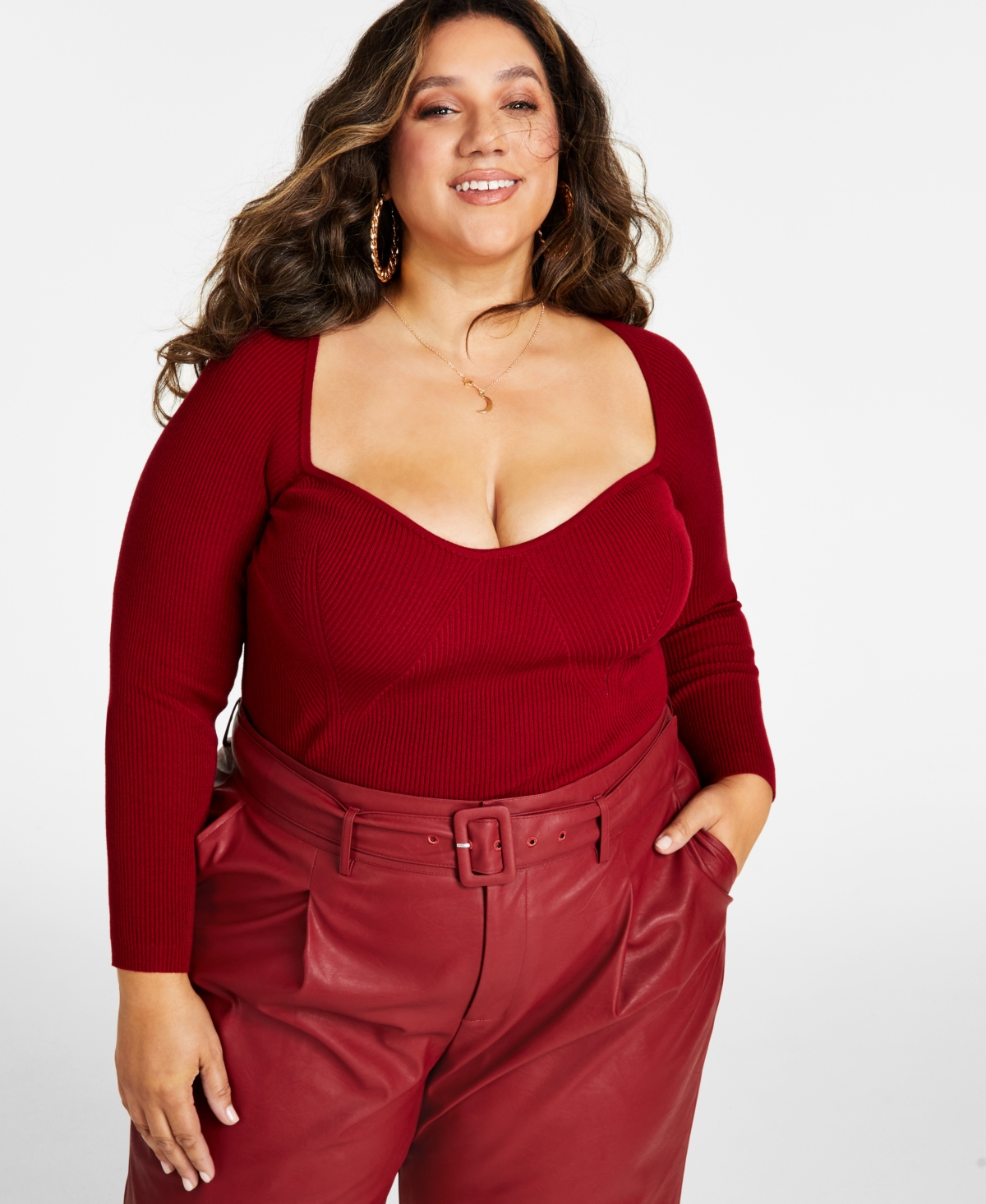 Trendy Plus Size Ribbed Sweetheart-Neck Top - Chocolate Fondant