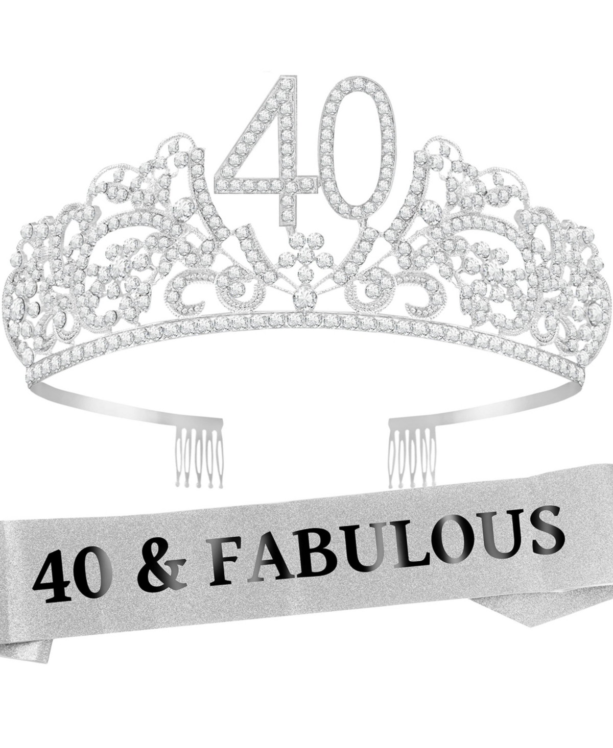 40th Birthday Sash and Tiara Set for Women - Glitter Sash with Flowers and Rhinestone Silver Metal Tiara, Perfect 40th Birthday Party Gifts and Access