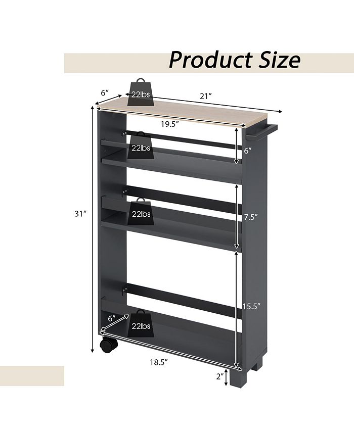 Costway 4Tier Slim Kitchen Storage Cart Narrow Slide Out Trolley