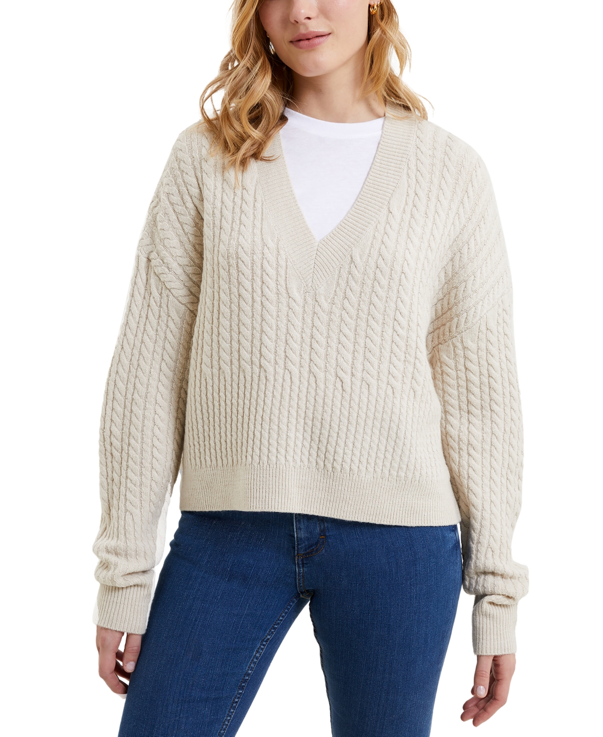 FRENCH CONNECTION WOMEN'S BABYSOFT CABLE-KNIT V-NECK SWEATER