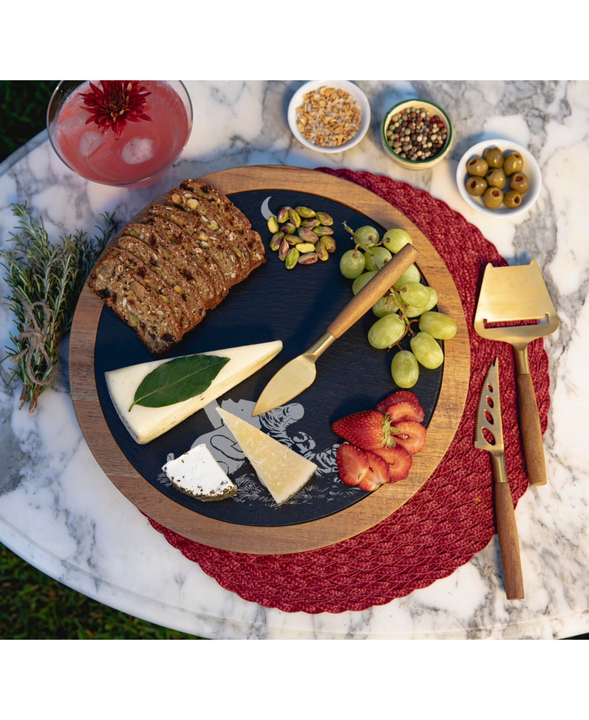 Disney's Winnie The Pooh Insignia Acacia and Slate Charcuterie Board with Cheese Tools - Acacia Wood Slate Black with Gold Accent