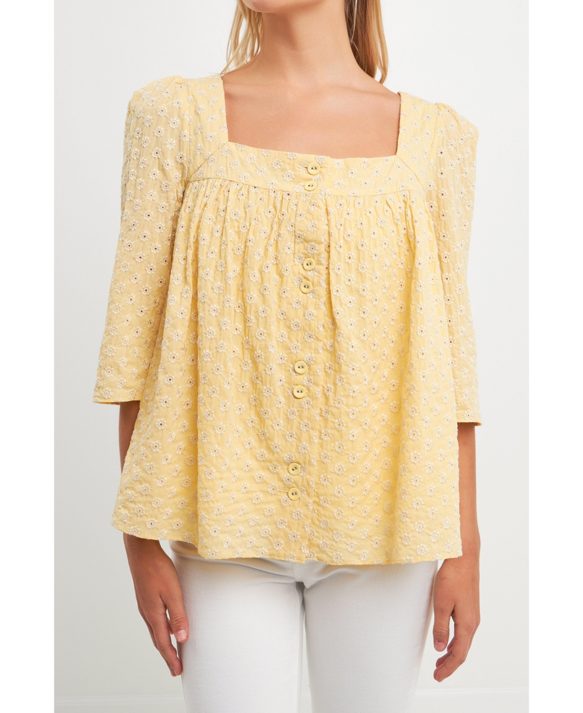 Women's Embroidered Cotton Square Neck Top - Yellow