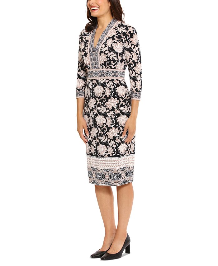 London Times Womens Printed V Neck 34 Sleeve Sheath Dress Macys