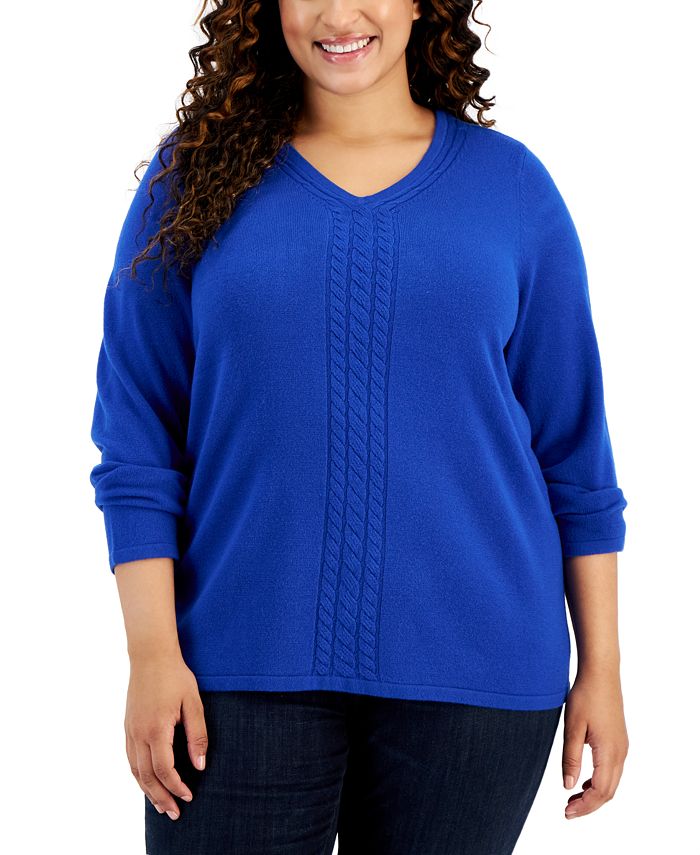 Karen Scott Plus Size Cable-Knit V-Neck Sweater, Created for Macy's - Macy's