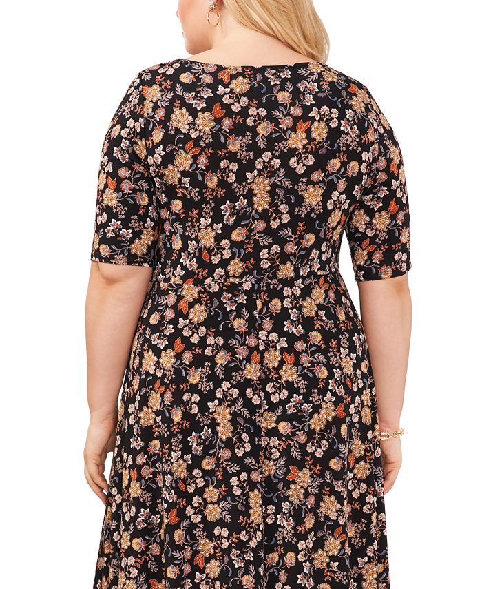 MSK Plus Size Floral-Print Elbow-Sleeve Midi Dress - Macy's