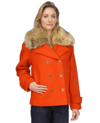 Wool fashion Blend Pea Coat Faux Fur