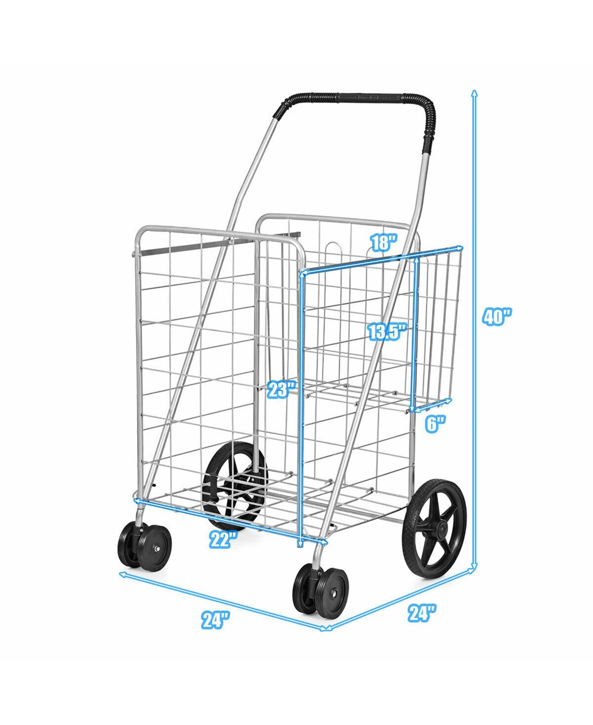Folding Shopping Cart Jumbo Basket Grocery Laundry Travel w/ Swivel Wheels