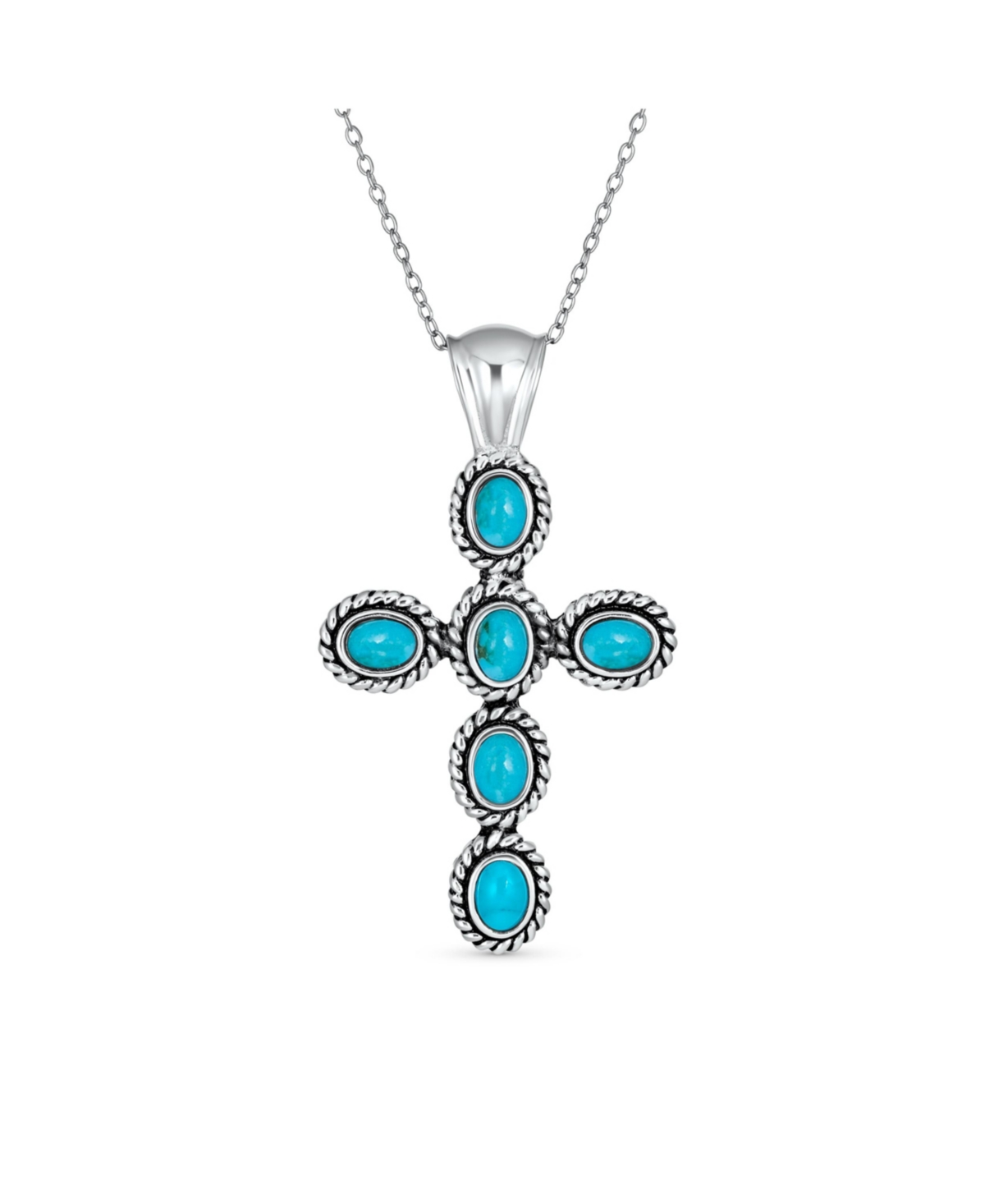 South Western Style Stabilized Blue Turquoise Rope Bezel Set Cross Pendant Necklace For Women .925 Sterling Silver - Light blue