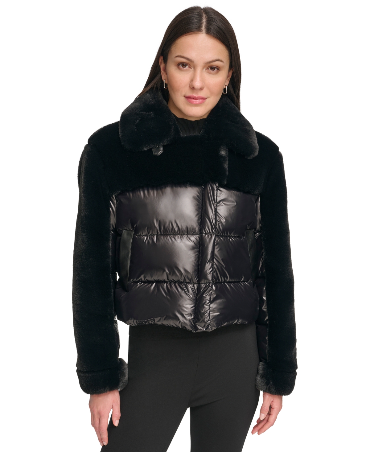 Women's Fleece-Trim Quilted Puffer Jacket - Black/black