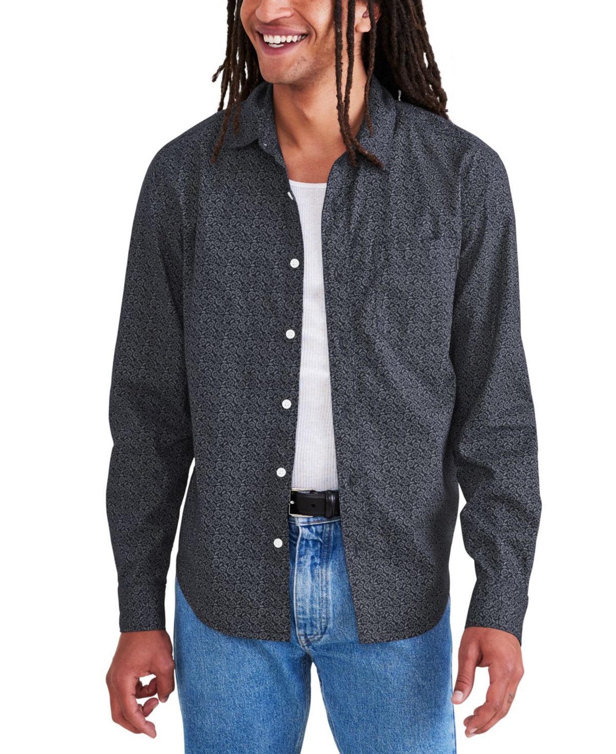 Men's Long-Sleeve Regular-Fit Printed Casual Shirt - Navy Blazer Print