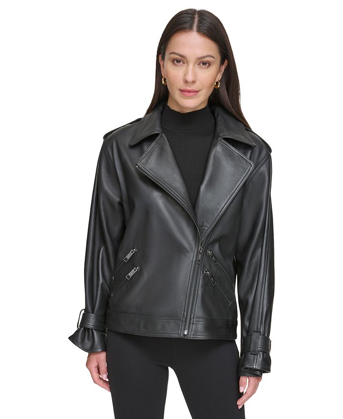 DKNY Women's Leather Zippered-Pocket Moto Jacket - Macy's