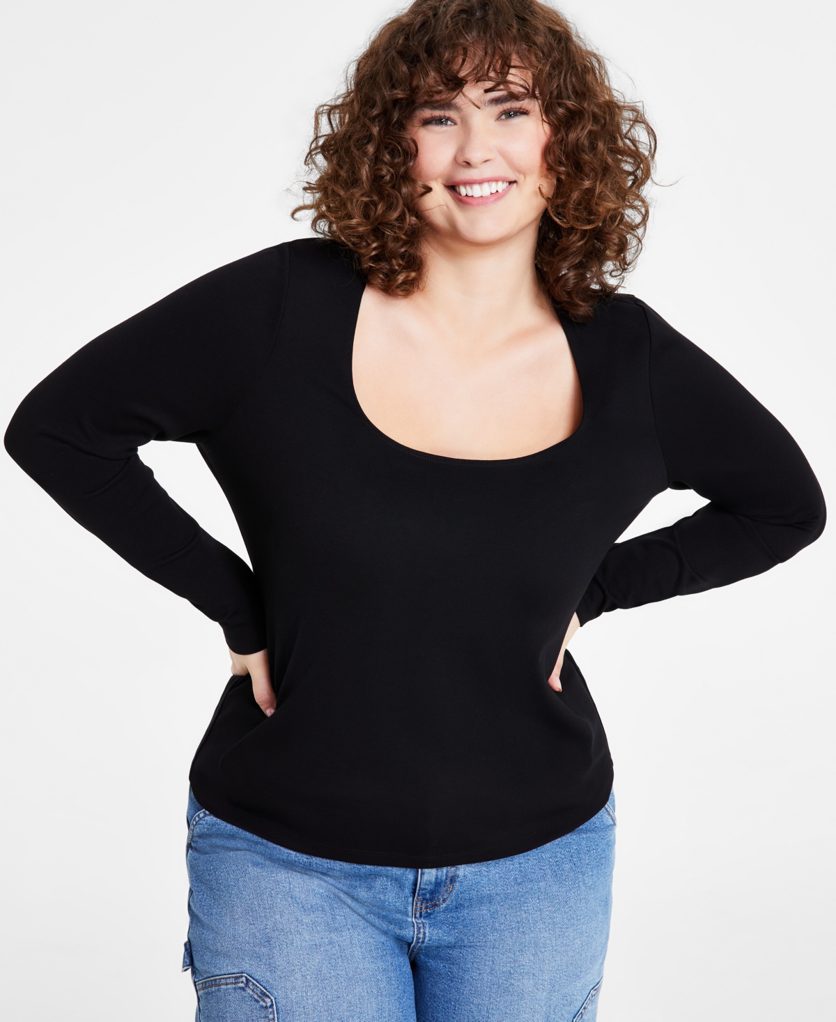 And Now This Plus Size Ponte Scoop-neck Long-sleeve Top In Black