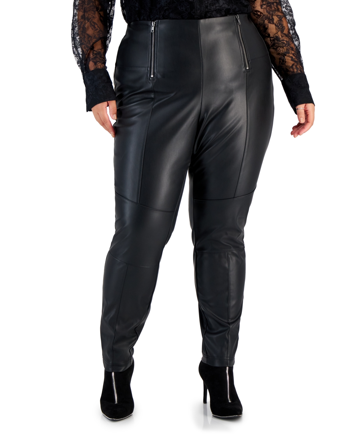 Bar Iii Trendy Plus Size Faux-leather Double-zip Pants, Created For Macy's In Deep Black