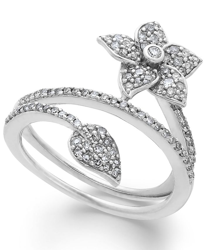 Macy's Diamond Wrap-Around Flower Ring in Sterling Silver (1/2 ct. t.w ...