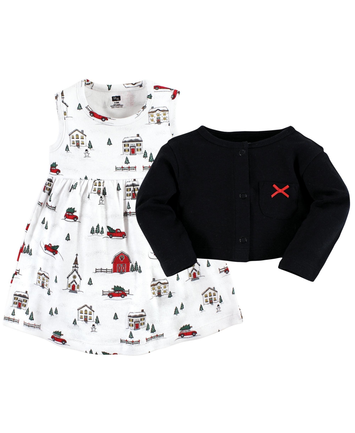 Hudson Baby Toddler Girls Cotton Dress and Cardigan 2pc Set,- Christmas scene