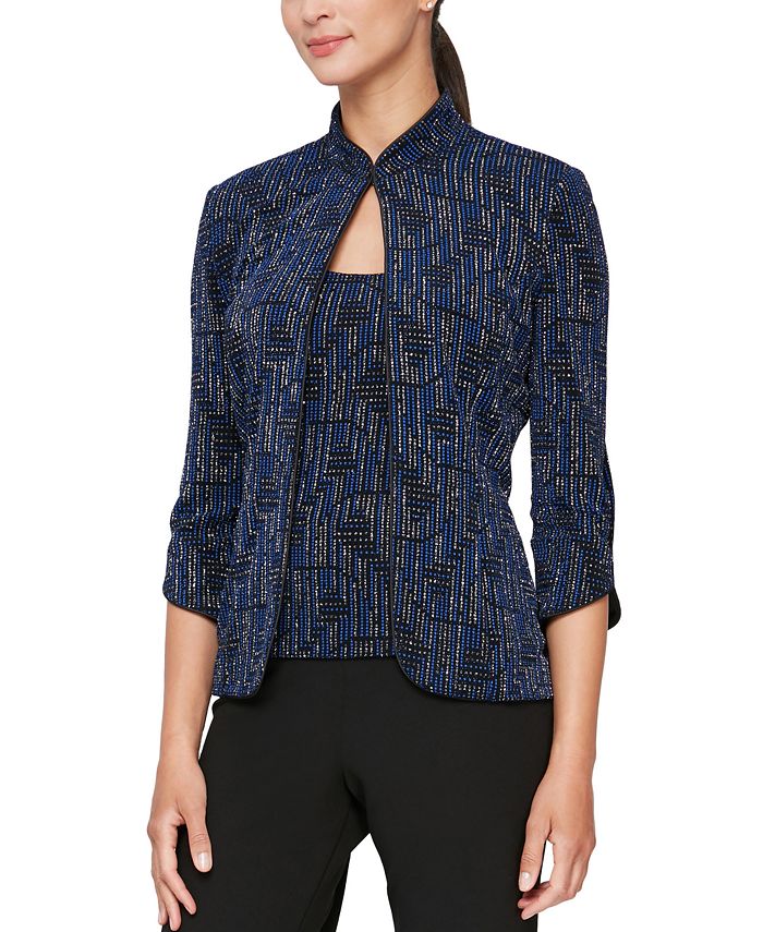 Textured Mandarin Neck Glitter Knit 3/4 Sleeve Twinset