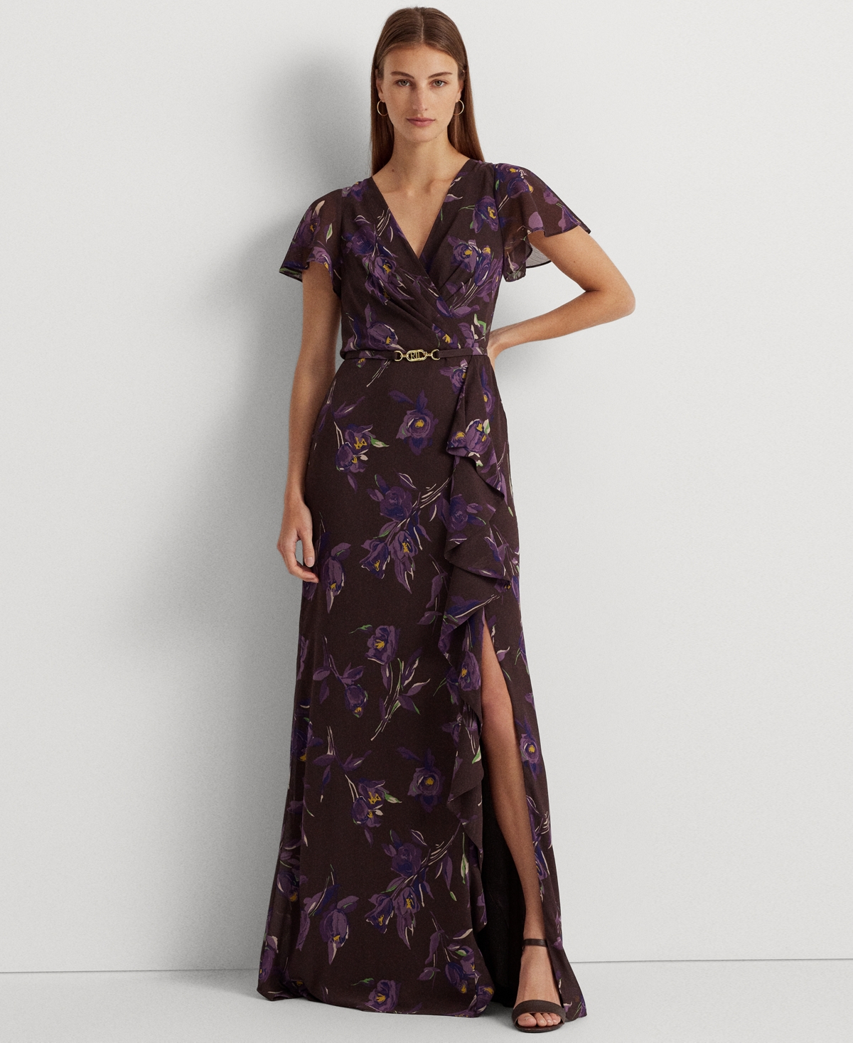 Lauren Ralph Lauren Women's Flutter-sleeve Crinkle Georgette Gown In Brown,purple,multi