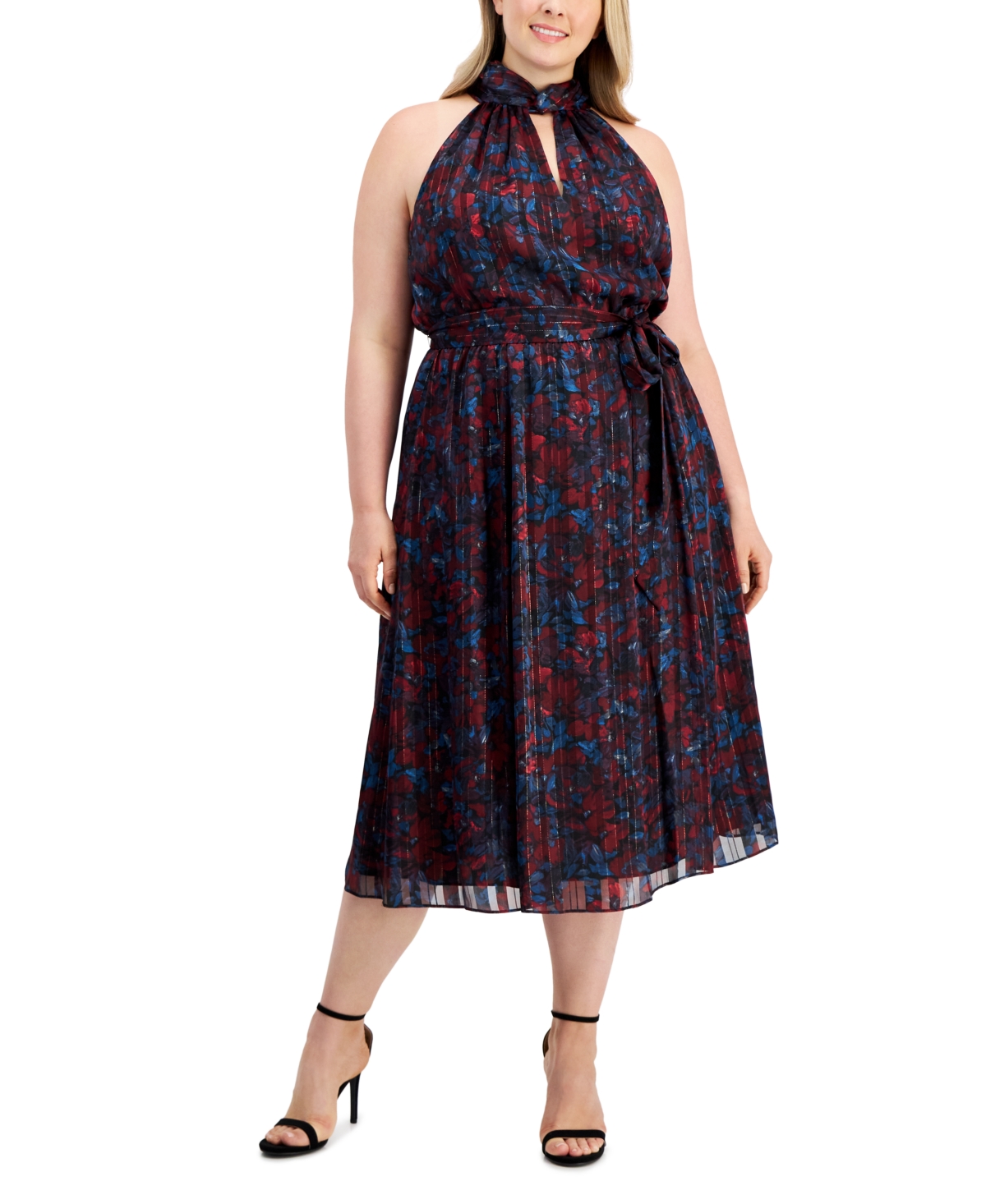 Anne Klein Floral Twist Neck Keyhole Midi Dress In Titian Red / Juniper Multi