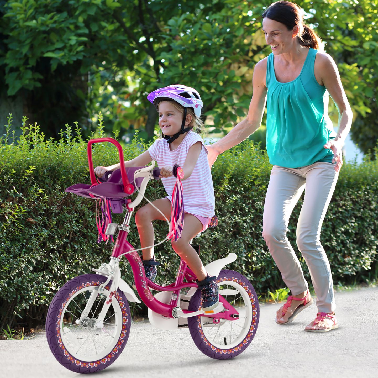 Детская игрушка Costway 14" Kids Girls Bicycle with Training Wheels, Detachable Doll Seat & Adjustable Handlebar, 3–5 лет, цвет: Розовый — фото 8
