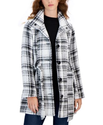 BCX - Juniors' Belted Double-Breasted Plaid Long-Sleeve Coat