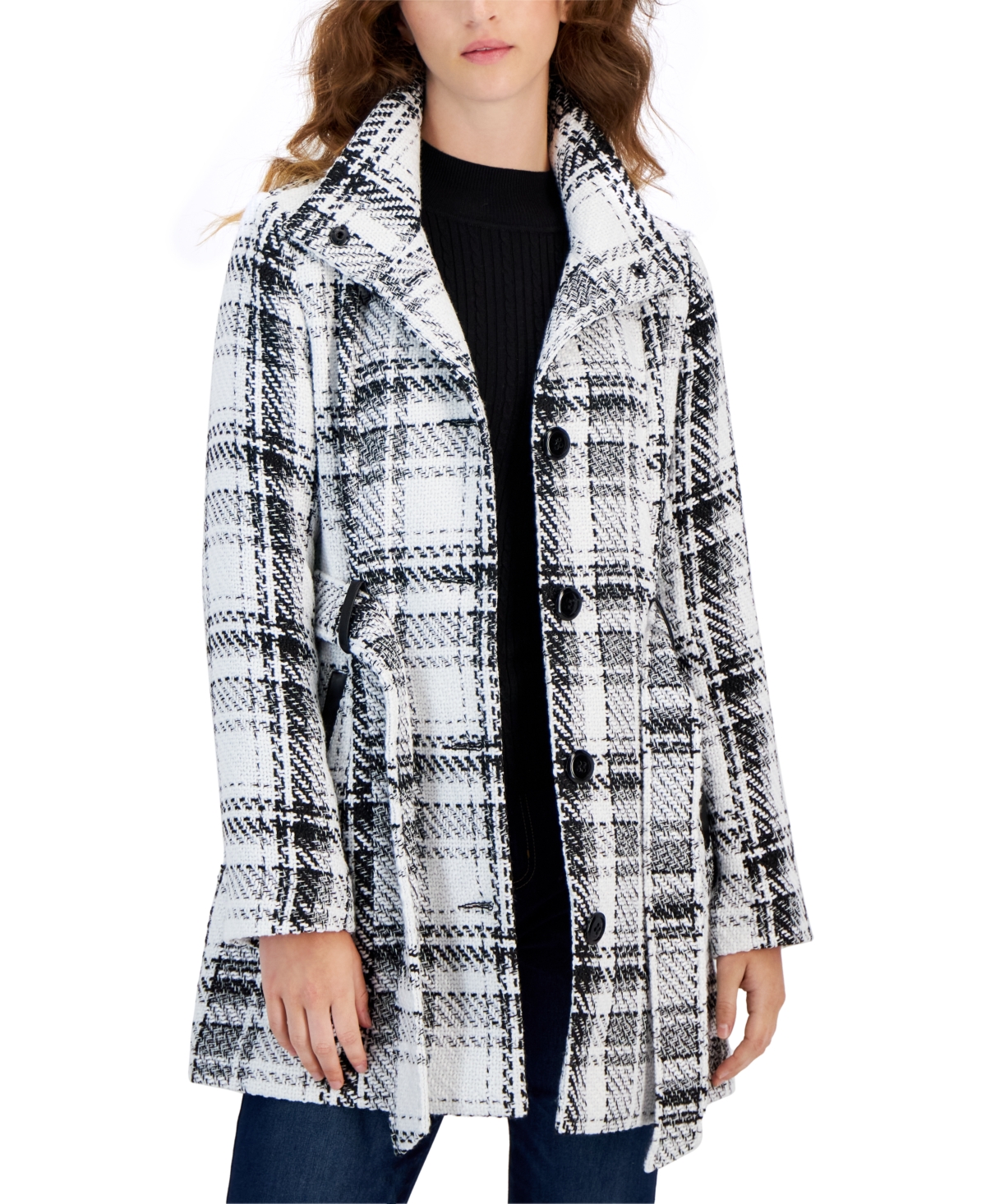 Juniors' Belted Double-Breasted Plaid Long-Sleeve Coat - White/black