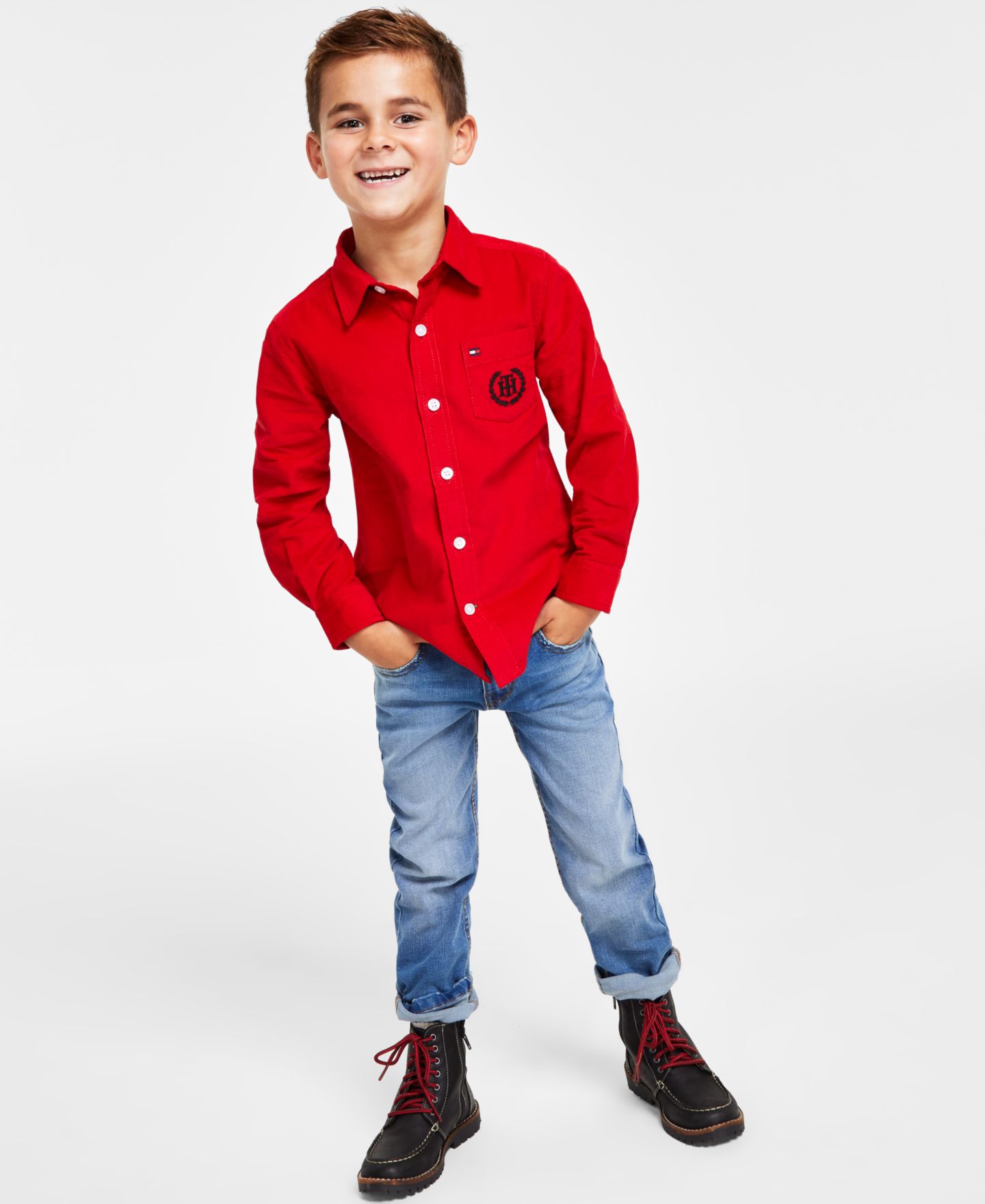 Комплекты Tommy Hilfiger Corduroy Shirt & Blue Stone Jeans для мальчиков, цвет: Каменный синий — фото 1