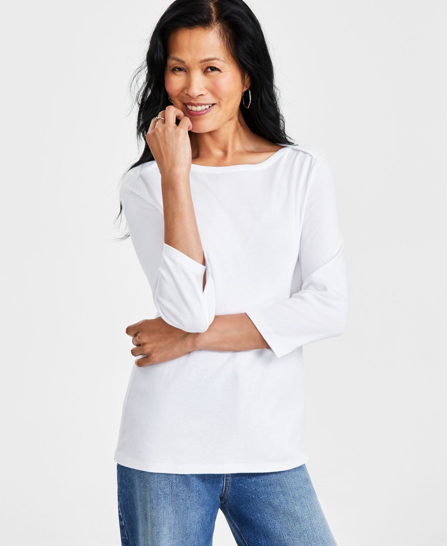 Женский топ Style & Co Petite Pima Cotton 3/4-Sleeve Boat-Neck, цвет: Яркий белый — фото 7