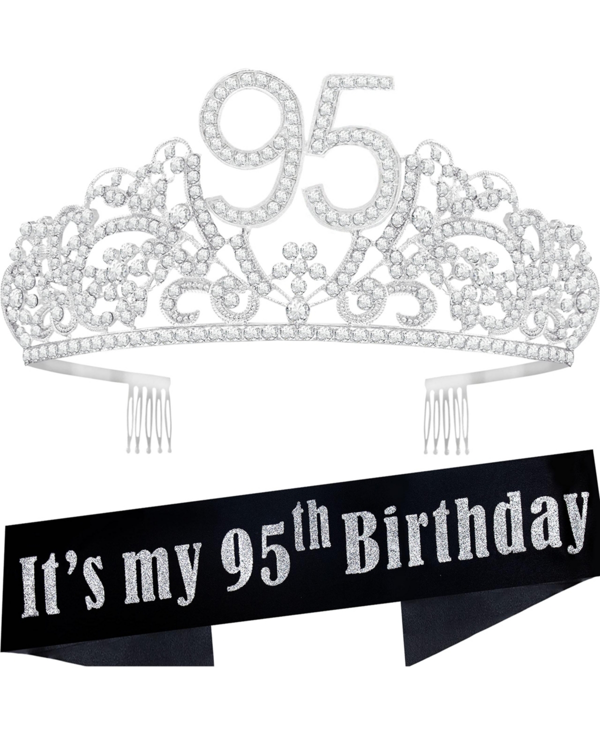95th Birthday Sash and Tiara for Women - Glitter Sash with Flowers and Rhinestone Silver Metal Tiara, Perfect for 95th Birthday Celebration