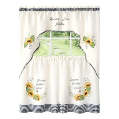 Montauk Accents "Dream, Love, Gather" Embellished Sunflowers 3 Piece Kitchen Curtain Tier Set