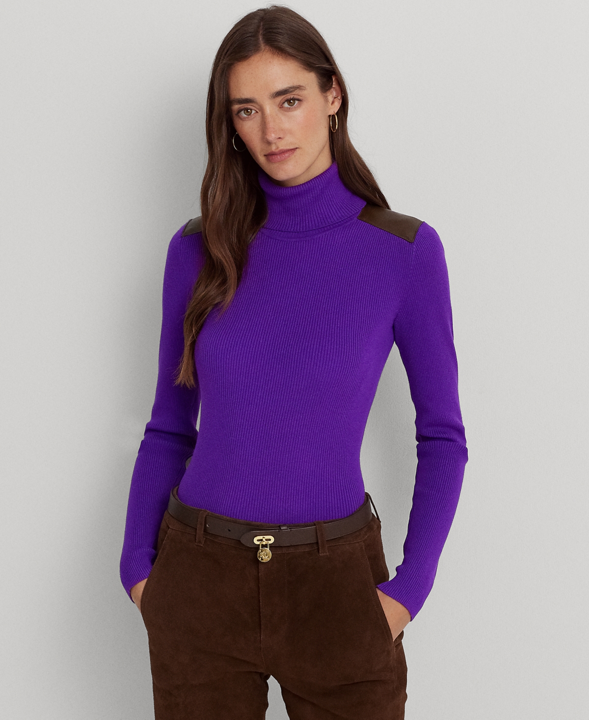 Lauren Ralph Lauren Faux-leather-trim Ribbed Turtleneck In Purple Agate ...