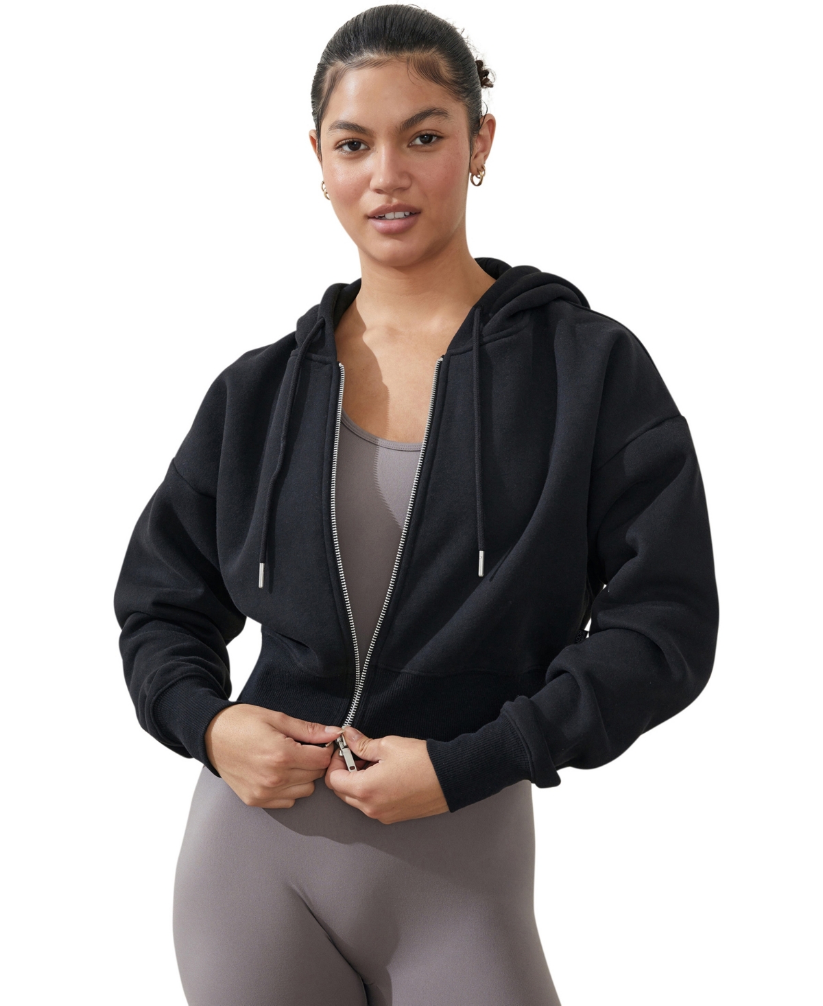 Cotton On Women's Plush Essential Cropped Full Zip Hooded Fleece Sweatshirt In Black