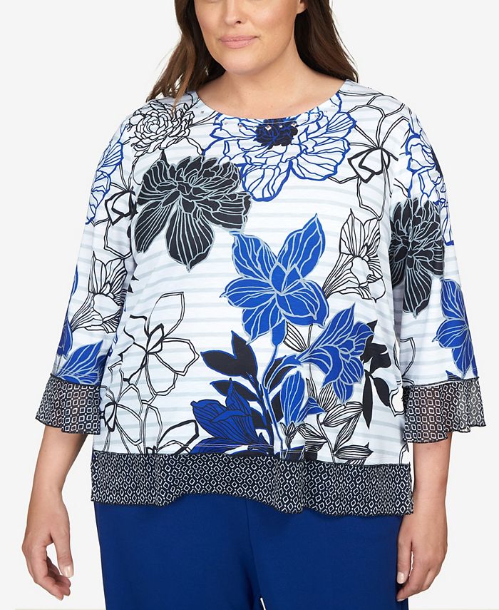 Alfred Dunner Plus Size Downtown Vibe Geo Trim Floral Stripe Top - Macy's