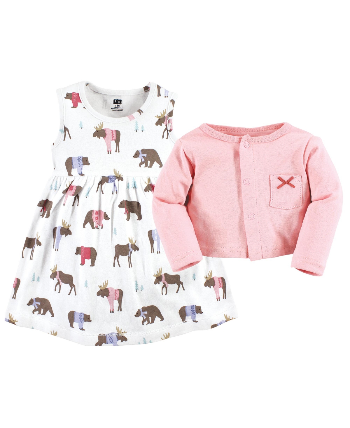 Hudson Baby Toddler Girls Cotton Dress and Cardigan 2pc Set,- Pink moose bear