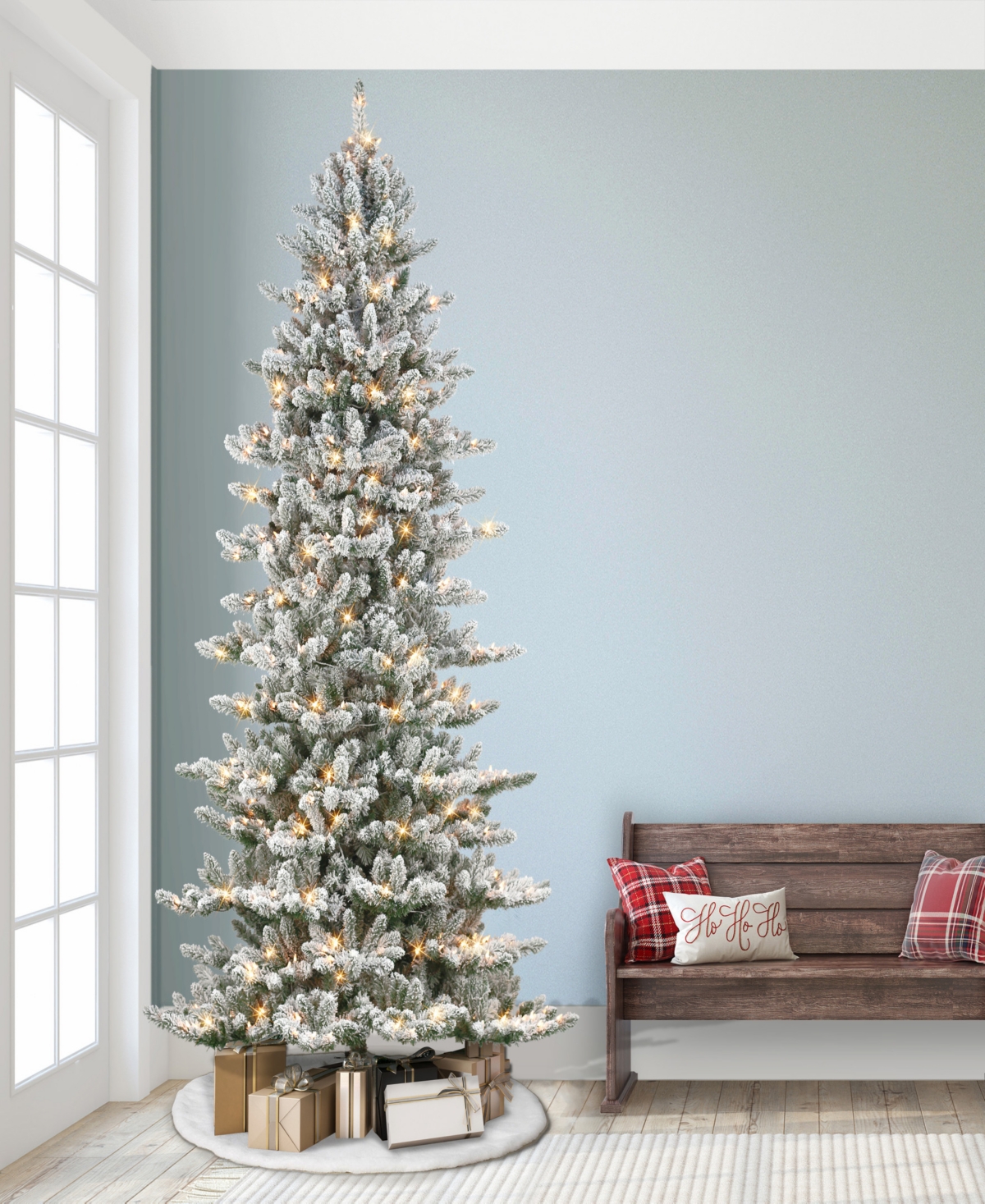 Puleo 9' Pre-lit Slim Flocked Royal Majestic Artificial Spruce Tree In Green