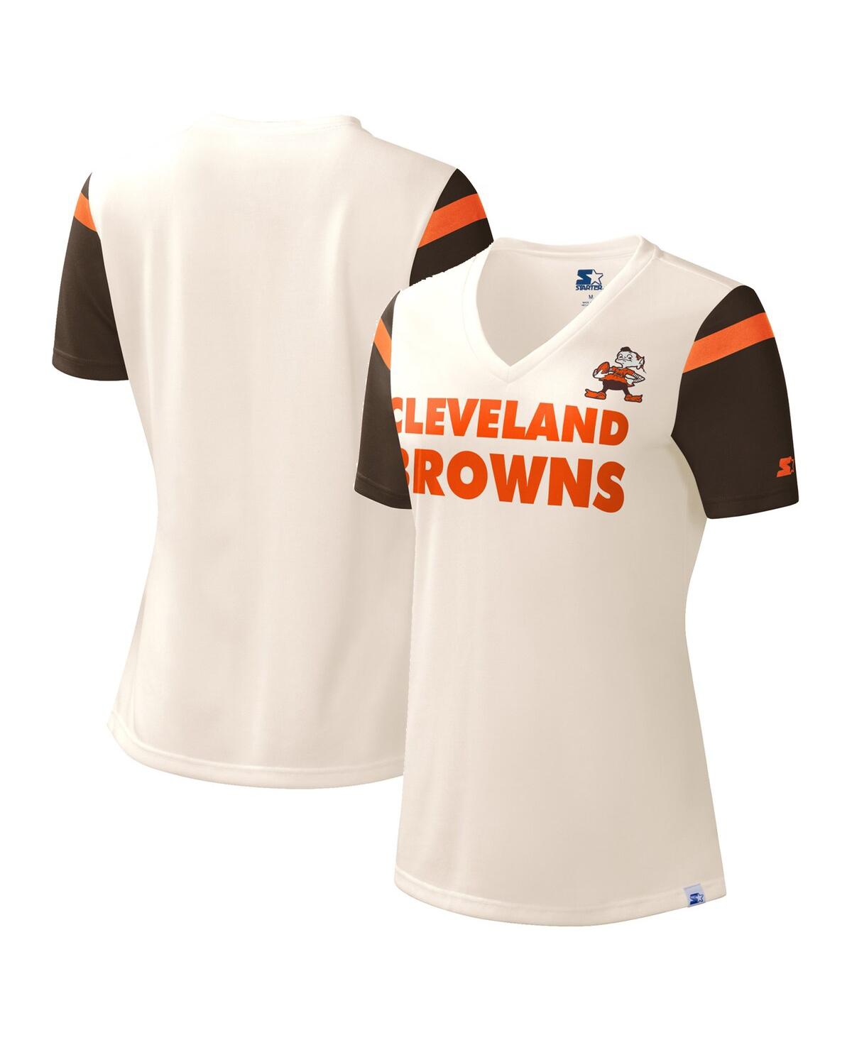 Shop Starter Women's  Cream Cleveland Browns Kick Start V-neck T-shirt